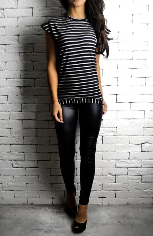 Special Discount Cap Sleeve T-Shirt - Black/White Stripe