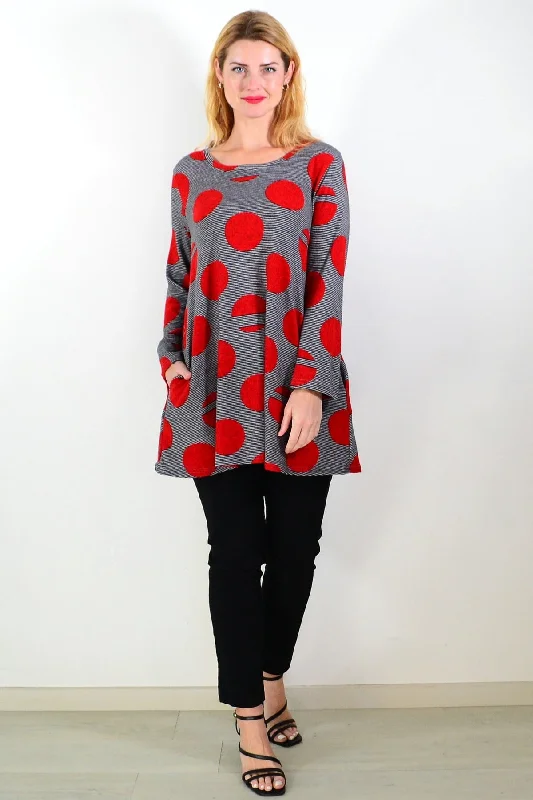 Limited Supply Red Dot Black Stripes Fleece Tunic Top
