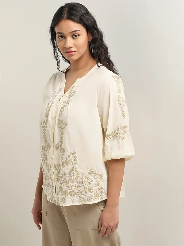 Buy More, Save More Gia Off-White Floral Embroidered Cotton Blouse