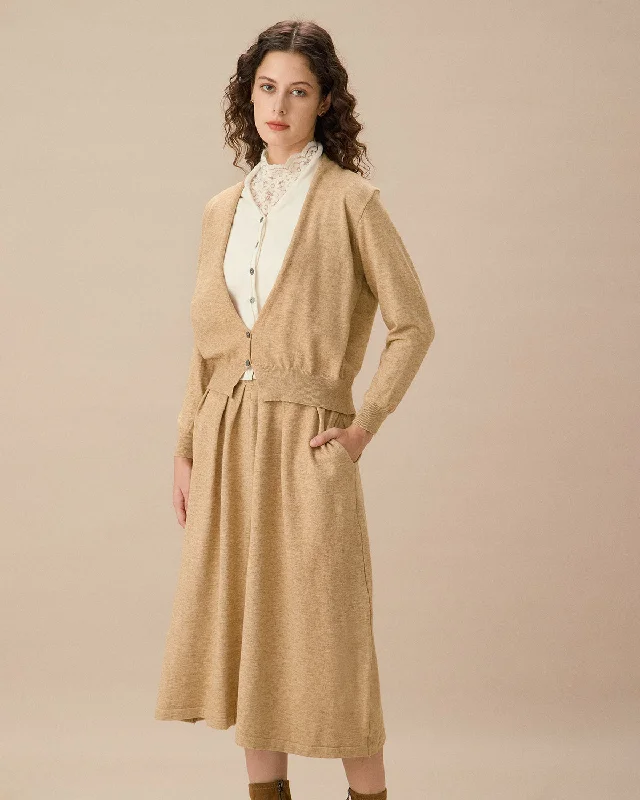 The Best Prices Camel V Neck Cardigan Skirt Set