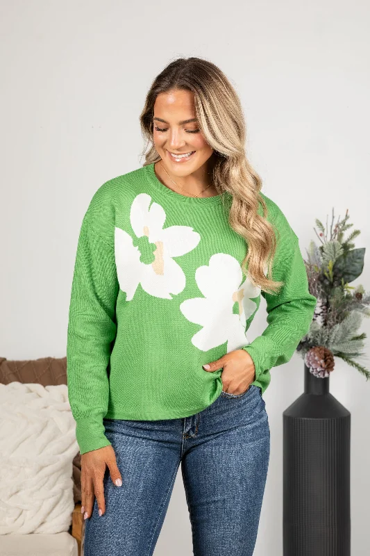 Great Bargains Green Floral Knit Pullover Sweater