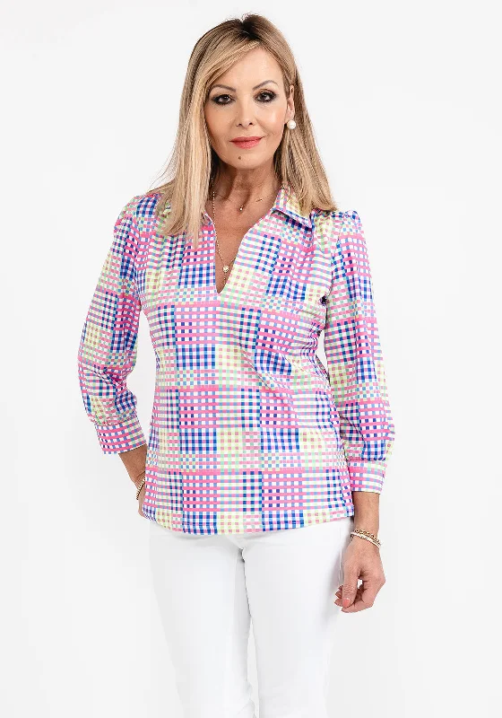 New Deal Leon Collection Open Collar Check Blouse, Multi