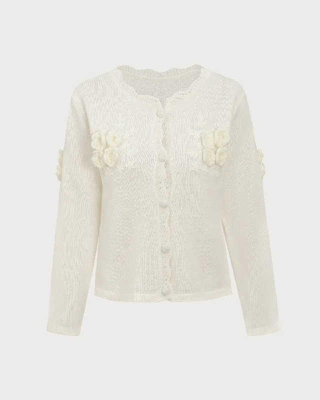 Exclusive Offers White Embroidery Single-Breasted Cardigan