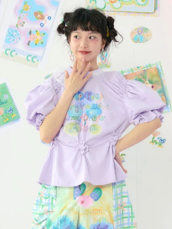 Seasonal Sale Lace Bubble Sleeve Cute Purple Tee [S0000009078]