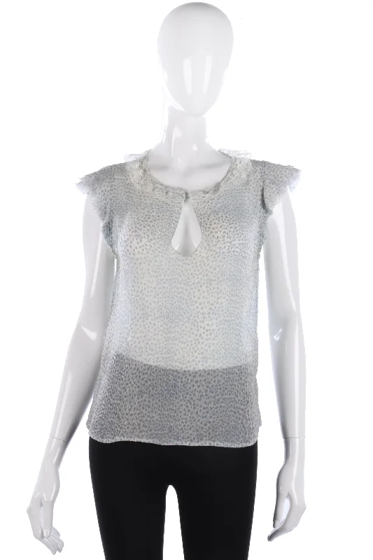 Closeout Sale Jigsaw 100% Silk Top with Lace Collar Blue Animal Print Size 12