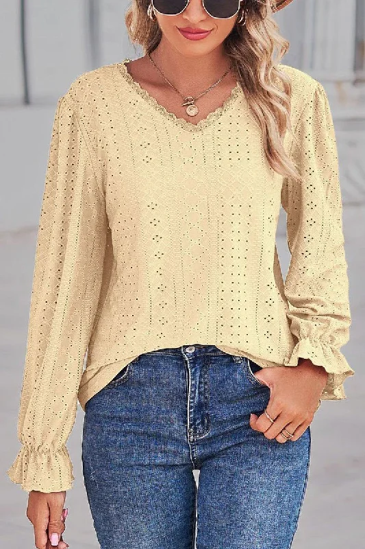 Unbeatable Prices WOMEN LACE TRIM NECK EYELET LONG SLEEVE SHIRT TOP