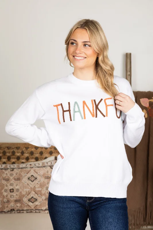 Weekend Bargains Galore White Thankful Embroidered Sweater