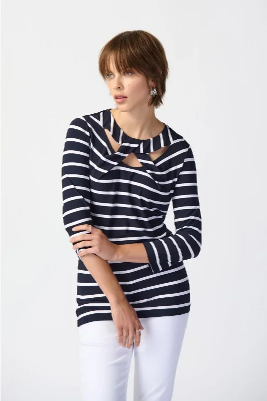 Celebrate the Weekend with Discounts Joseph Ribkoff Midnight Blue/Vanilla Striped Cutout Detail 3/4 Sleeve Top 241087
