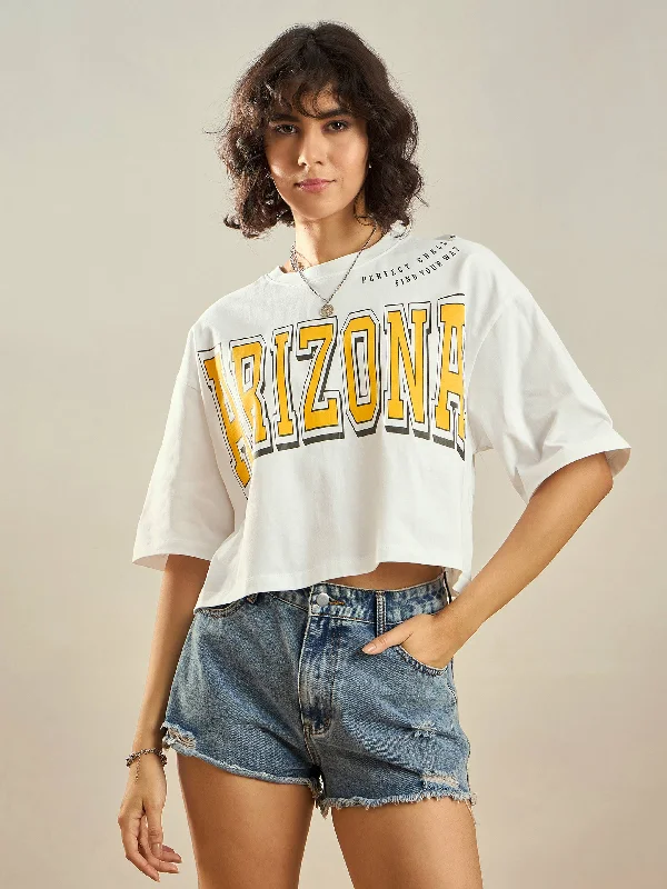 Weekend Discounts to Snag Women White ARIZONA Printed Crop T-shirt