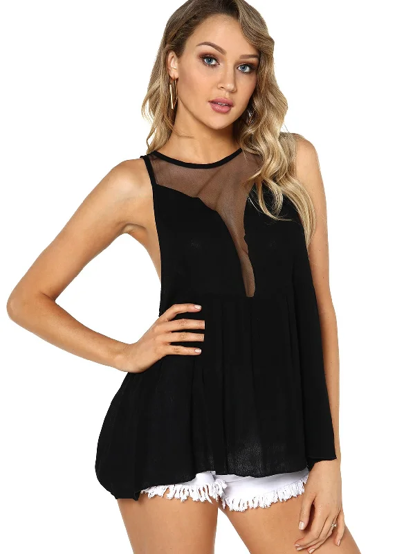 Deal Mania Custom Round Neck Deep V Neck Plain Backless See Through Sleeveless Irregular Hem Black Camis Deal Mania Custom Round Neck Deep V Neck Plain Backless See Through Sleeveless Irregular Hem Black Camis