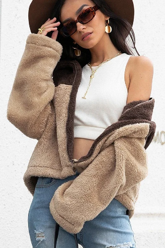 Big Savings WOMEN HIGH NECK COLOR BLOCK ZIP UP FLEECE JACKET