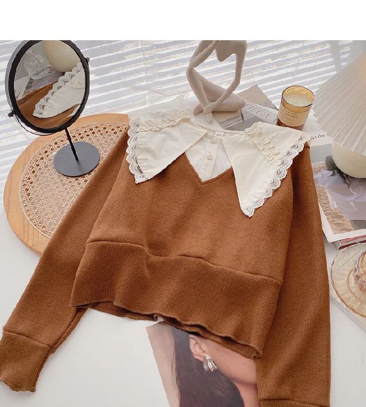 Great Deals Design sense baby collar stitched sweater short retro top  6696