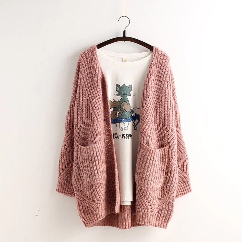 Now Available Pocket Loose Knit Cable Hollow Solid Color Sweater      S3047