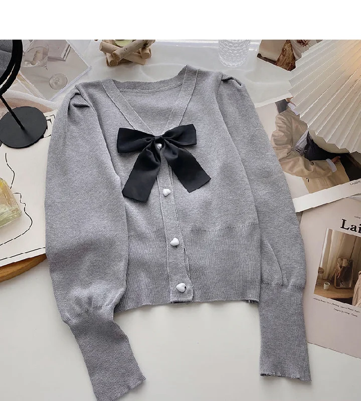 Big Savings Vintage bow V-Neck Sweater slim long sleeve top  6688