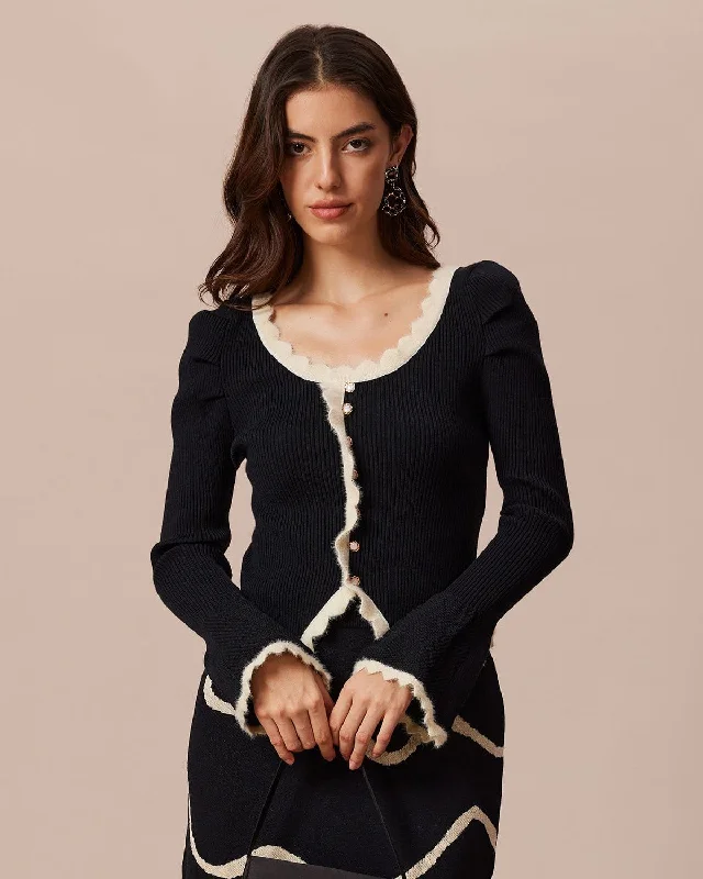 Shop Now The Black Contrast Trim Gigot Sleeve Knit Top