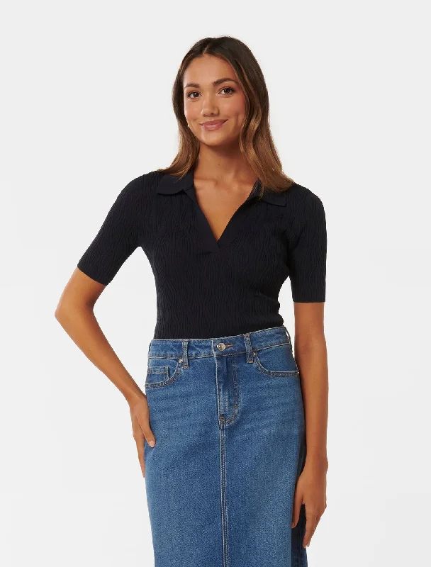 Mega Discount Paris Petite Short Sleeve Polo Collar Knit Top