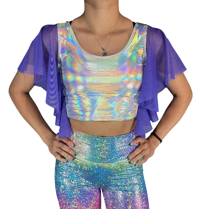 Weekend Bargains to Snag Flutter Sleeve Top Opal Holographic | Mesh Sleeve Ruffle Shirt | Holo Festival Crop Top