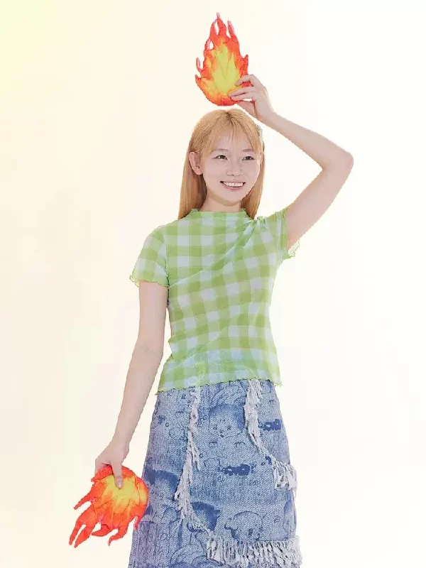 Take Advantage PLAID MESH LACE SHORT SLEEVE TOPS [S0000009055]