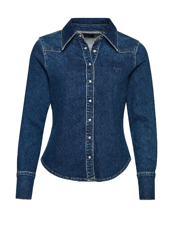Unwind with Weekend Discounts Superdry Womens Vintage Western Denim Shirt, Fulton Blue