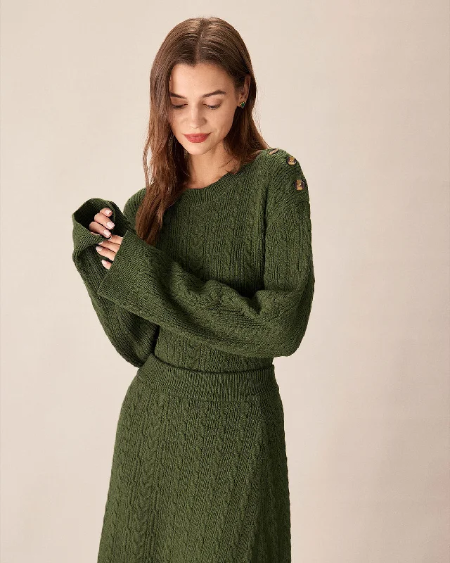Final Clearance Green Round Neck Loose Button Sweater