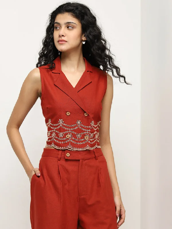Warehouse Sale Bombay Paisley Red Schiffli Waistcoat-Style Cotton Top