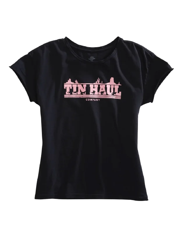 Blowout Deals Tin Haul Womens Black 100% Cotton Pink Running Horses S/S T-Shirt