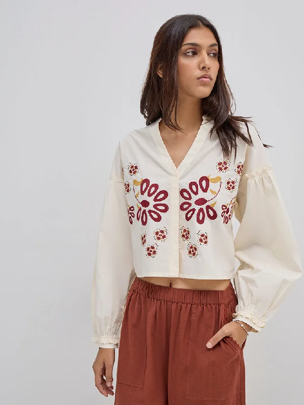 Exclusive Offers Bombay Paisley Off-White Floral Embroidered Cotton Blouse
