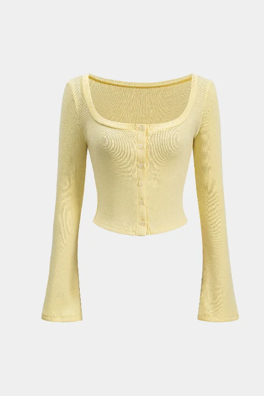 Limited Time Discount Knit Button Square Neck Bell Sleeve Top