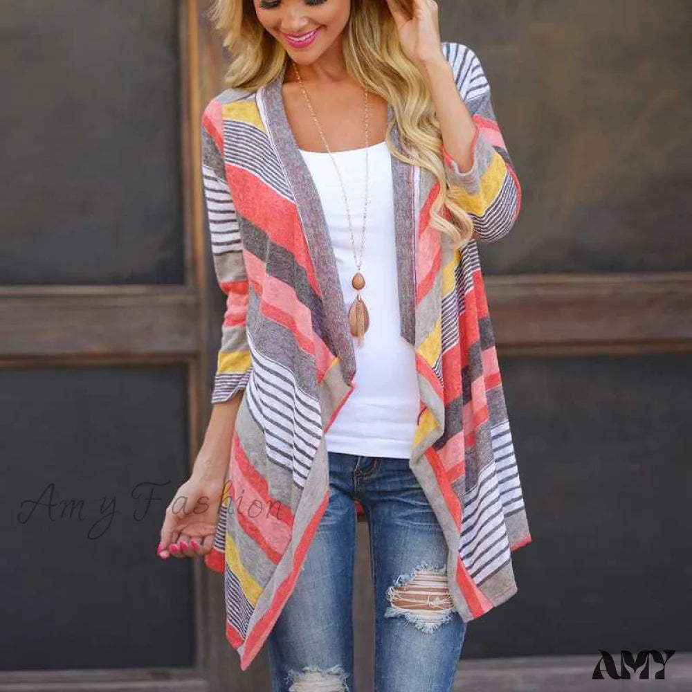 Deal Zone Amy Fashion - Striped Print Boho Cardigan Outwear Knitted Casual Vintage Coat