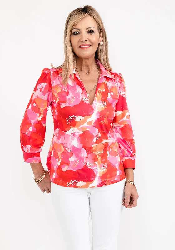 Special Price Leon Collection Open Collar Print Blouse, Pink Multi