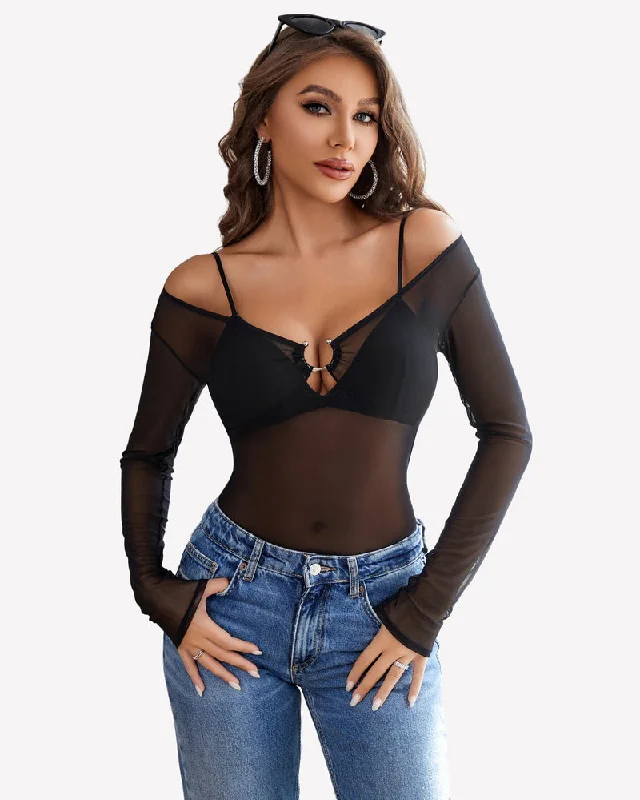 Weekend Specials to Cherish Mesh Long Sleeve Blouses Top