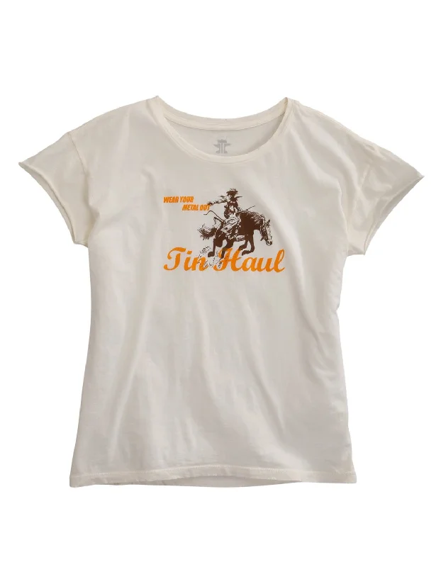 Can't Be Beat Tin Haul Womens White 100% Cotton Lady Horserider S/S T-Shirt
