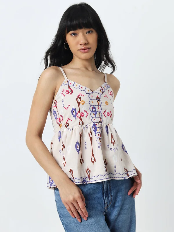 Huge Discounts Bombay Paisley Light Beige Ikat Embroidered Cotton Top