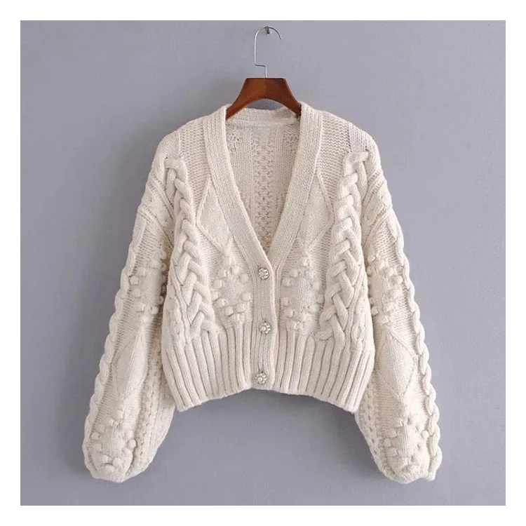 Instant Discount French retro twist knitted cardigan V-neck Lantern Sleeve Sweater  7173