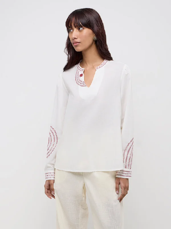 Crazy Savings Bombay Paisley White Embroidered Cotton Blouse
