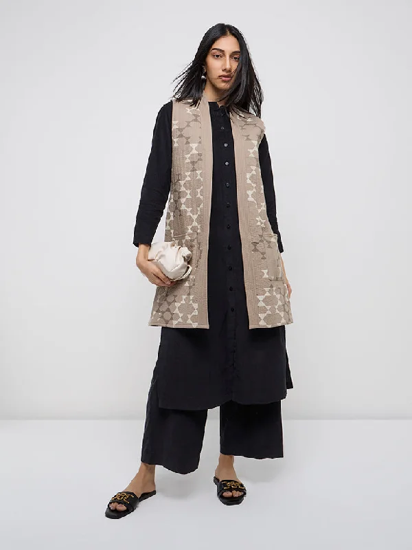 Now or Never Utsa Taupe Geometric Design Quilted Cotton Jacket