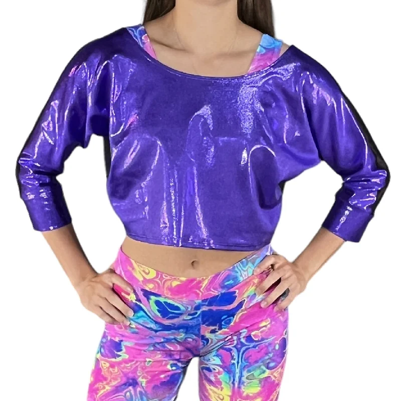 Weekend Specials to Snag Dolman Crop Top in Black Mesh and Purple Mystique Metallic