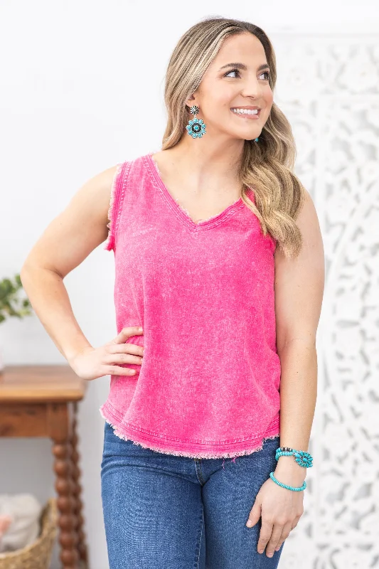 Weekend Deal Hot Pink Washed Linen Frayed V-Neck Top