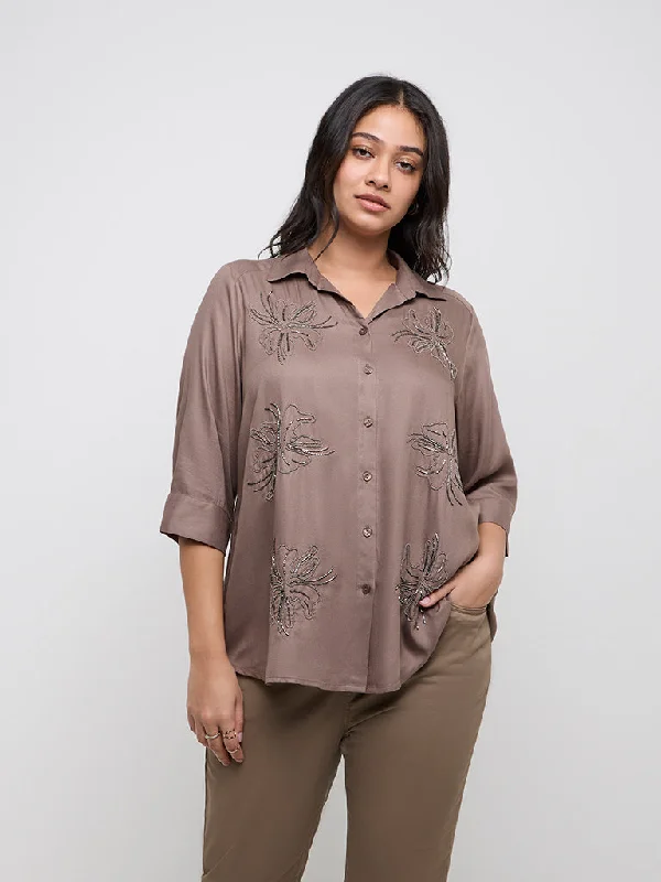 Weekend Savings Spectacle Gia Taupe Floral Embellished Shirt