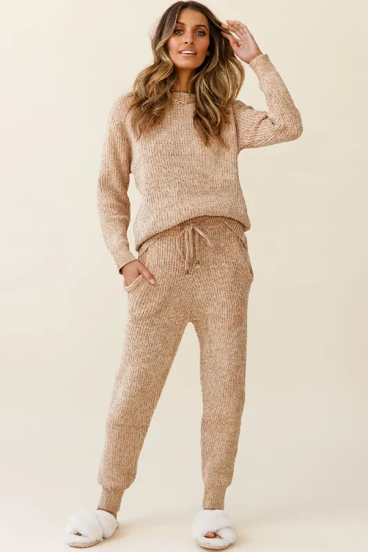 Savings Galore Robin Cuffed Hem Drawstring Ribbed Knit Pants Tan