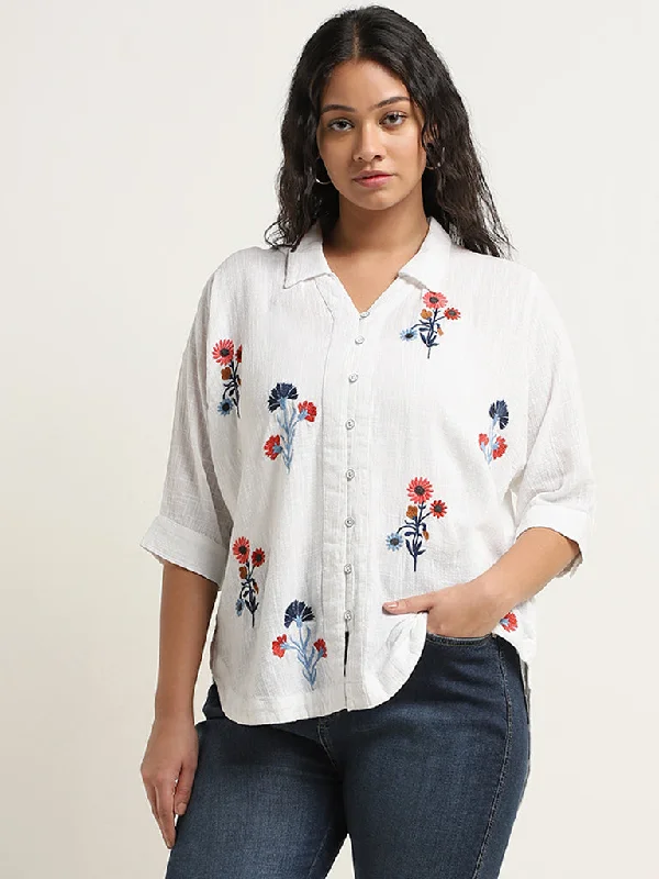 Online Deal Gia Off-White Floral Embroidered High-Low Shirt