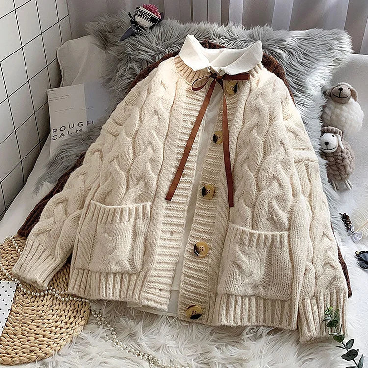 Value Deals Sweet Warm Loose Pocket Knitted Sweater cardigan     S2796