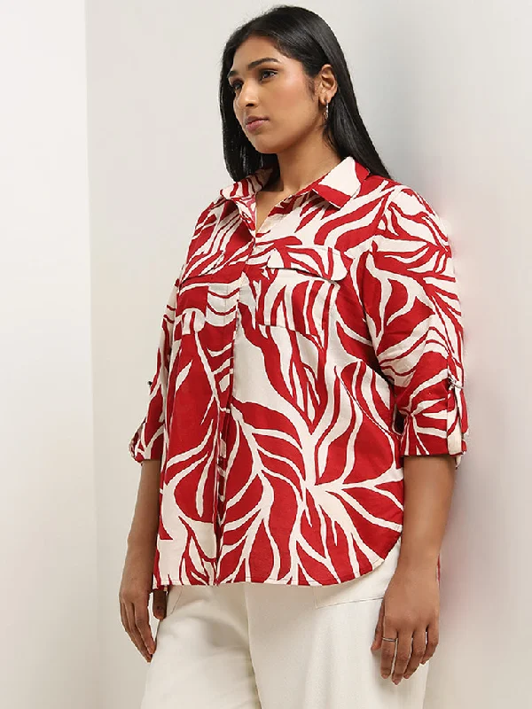 Deal Alert Gia Red Leaf Printed Cotton Shirt