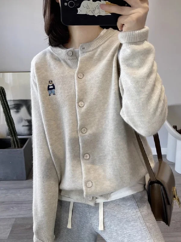 Best Choice embroidered bear knitted cardigan for women spring and autumn new style round neck sweater jacket S3382 Best Choice embroidered bear knitted cardigan for women spring and autumn new style round neck sweater jacket S3382