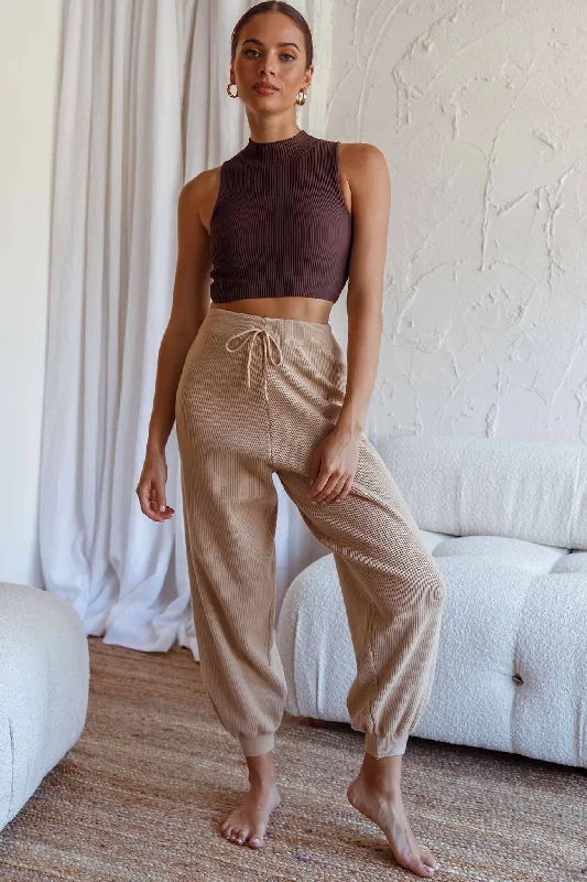 Year-End Sale New Soul Drawstring Ribbed Knit Jogger Pants Camel