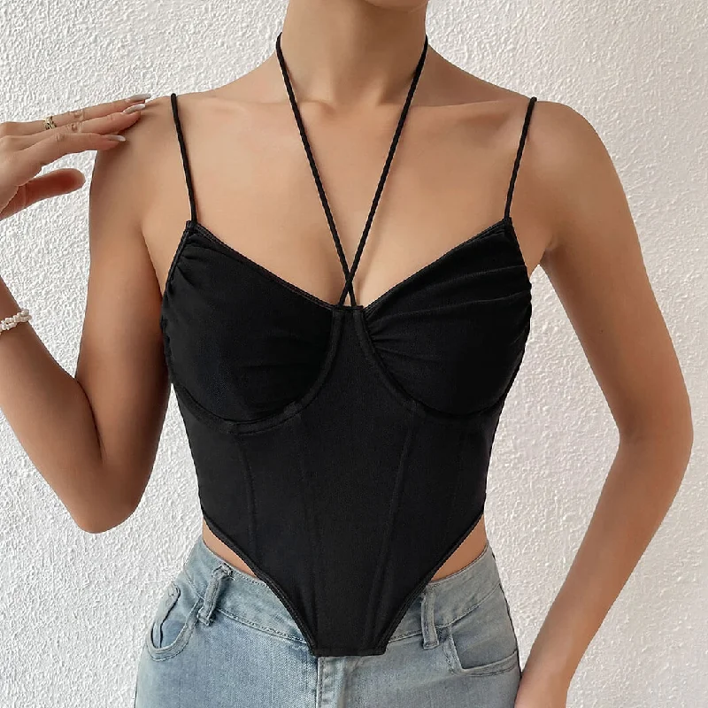Special Buy Trendy Halter Bustier Curved Sleeveless Mesh Crop Corset Top - Black