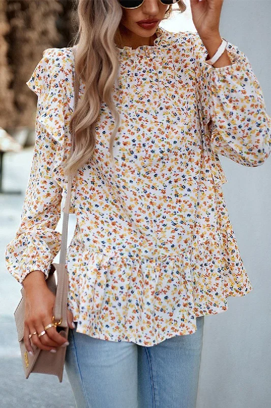 Early Access WOMEN FLOUNCE NECK RUFFLED LONG SLEEVE TUNIC TOP