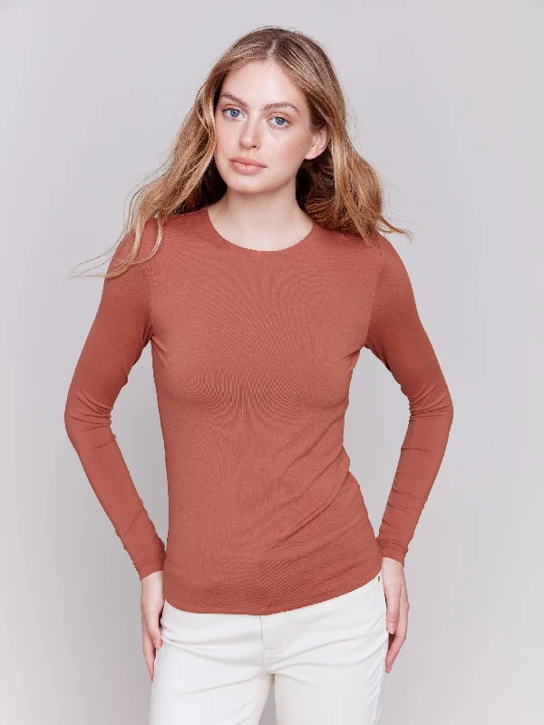 Year-End Sale Long Sleeve Super Stretch Top - Terracotta