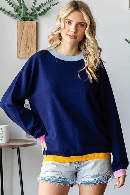 Doorbuster Deal First Love Contrast Ribbed Round Neck Long Sleeve Sweater