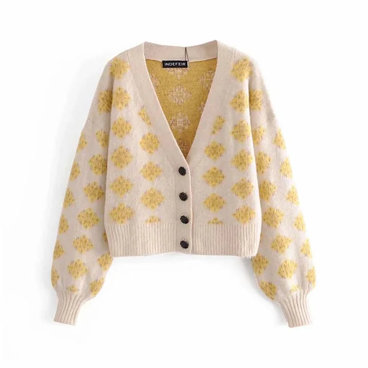 Deal Frenzy Girls' aging diamond jacquard V-Neck long sleeve high waist knitted cardigan  7157